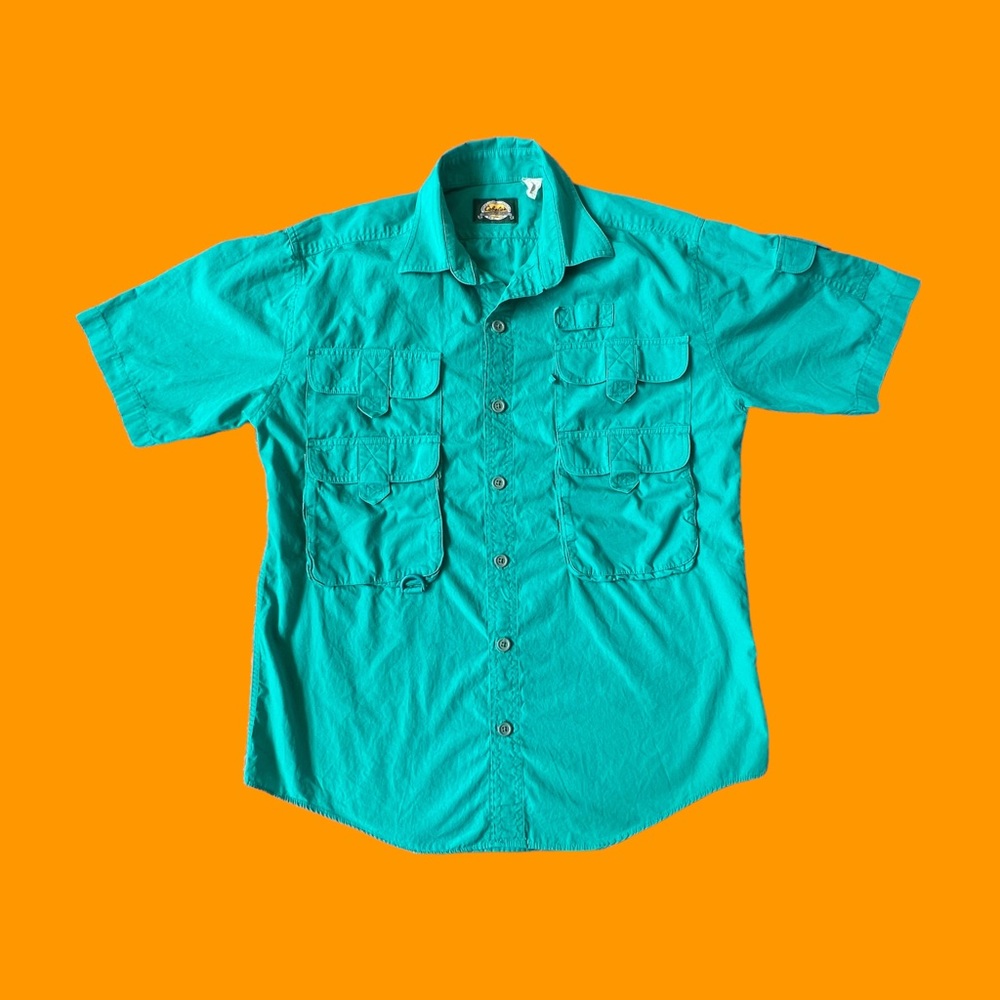 Cabela's Fishing Button Shirt Vintage Multi Pocket Turquoise Men Size Medium